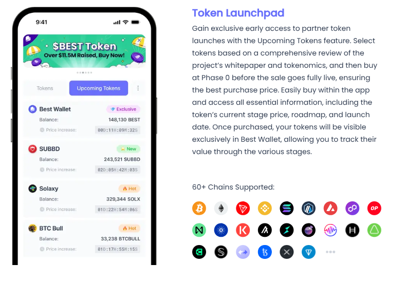 Upcoming Tokens section in the Best Wallet app.